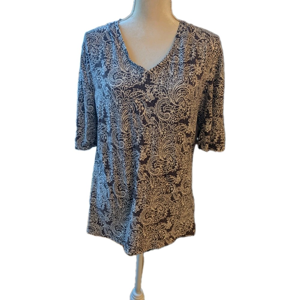 Jones NY Signature Women's T Shirt Size XL Brown Paisley 98% Cotton Travel Comfy